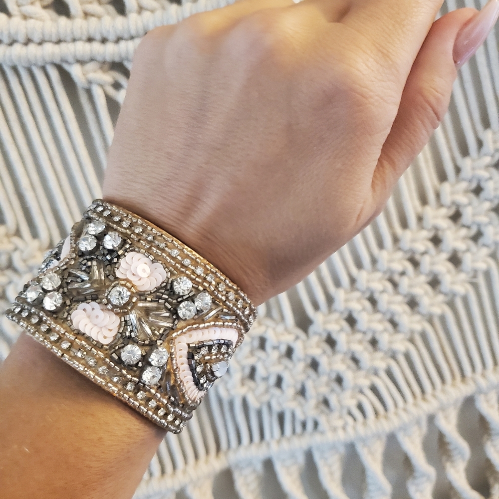 Vintage inspired pink and silver beaded cuff